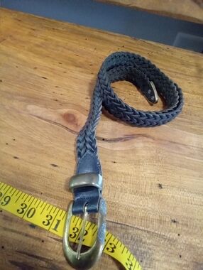 Vintage Argentina Aimee Lynn Woven/Braided Black Leather Belt Brass Buckle M/L